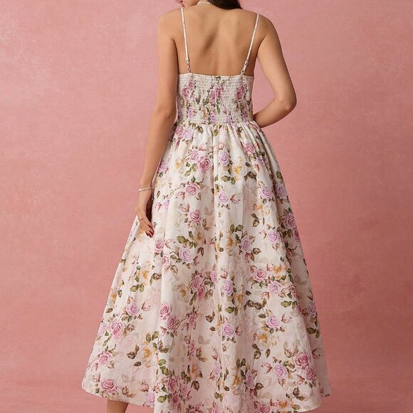 White Boho Romantic Women's Floral Long Print Spaghetti Strap A-Line Dress - Picture 2 of 7
